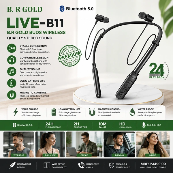B.R Gold LIVE-B11 Wireless Bluetooth Neckband Earphones with 24 Hours Playback, Magnetic Earbuds, HD Stereo Sound, Built-in Microphone, Sweat Resistant, Bluetooth 5.0, Lightweight Sports Neckband (Black)