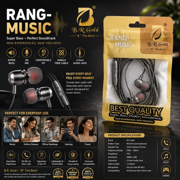 B.R. Gold Rang-Music Wired In-Ear Earphones with Microphone | Super Bass Stereo Sound | Metal Earbuds | 3.5mm Audio Jack | Noise Isolating Earphones for Android Smartphones, Tablets, Laptops & Gaming