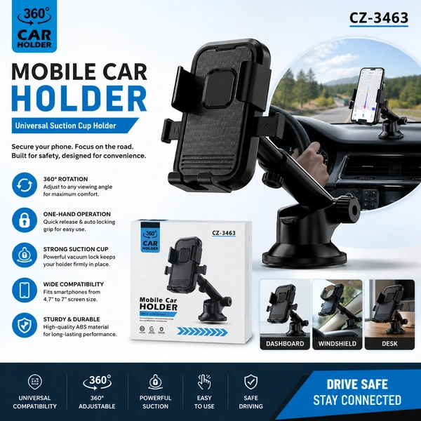 CZ-3463 Mobile Car Holder | 360° Adjustable Universal Car Phone Mount | Strong Suction Cup | One-Hand Operation | Dashboard & Windshield Mount | Compatible with Smartphones 4.7"–7"
