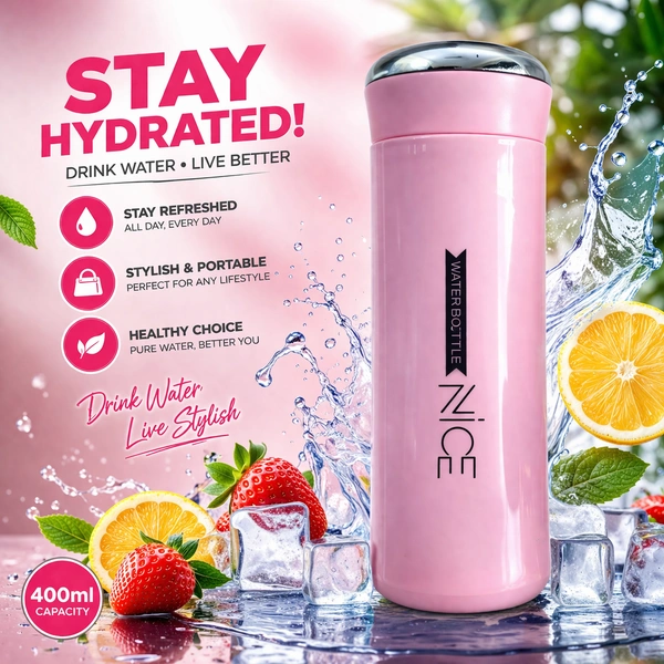 Nice Water Bottle 400ml – Premium Leak-Proof Insulated Flask with Stylish Pink Finish, Portable & Durable Travel Bottle