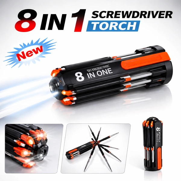 CAHION QC-178 8-in-1 Multi-Screwdriver Torch | Portable LED Torch with Built-in Screwdriver Set | Compact Repair Tool Kit for Home & Outdoor Use