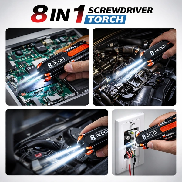 CAHION QC-178 8-in-1 Multi-Screwdriver Torch | Portable LED Torch with Built-in Screwdriver Set | Compact Repair Tool Kit for Home & Outdoor Use
