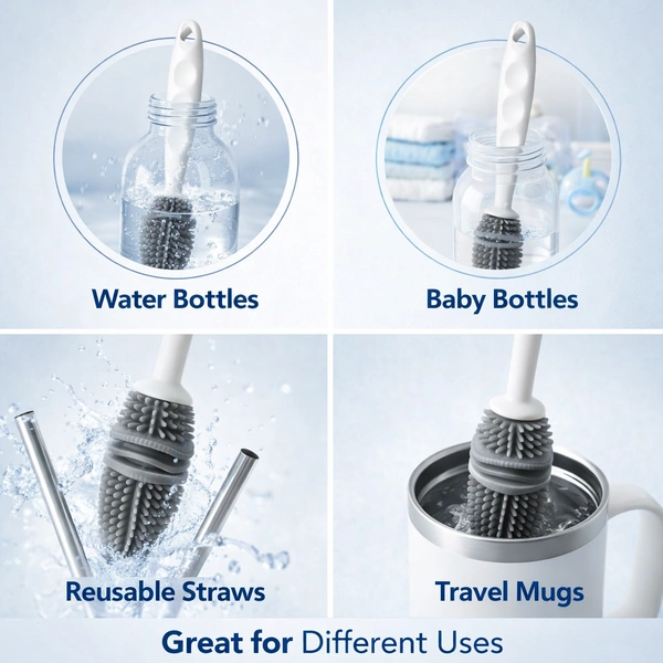 Silicone Bottle Cleaning Brush with Long Handle | Flexible Multi-Use Cleaner for Baby Bottles, Water Bottles, Glassware & Kitchen Utensils | Durable Non-Scratch Bristles | Easy Grip Handle
