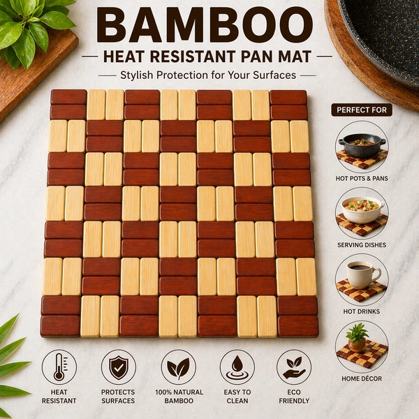 Bamboo Heat Resistant Pan Mat Set of-4 size:-20*20 cm| Wooden Trivet for Hot Pots & Pans | Non-Slip Kitchen Table Protector | Stylish Square Heat Pad for Dining & Cooking Use