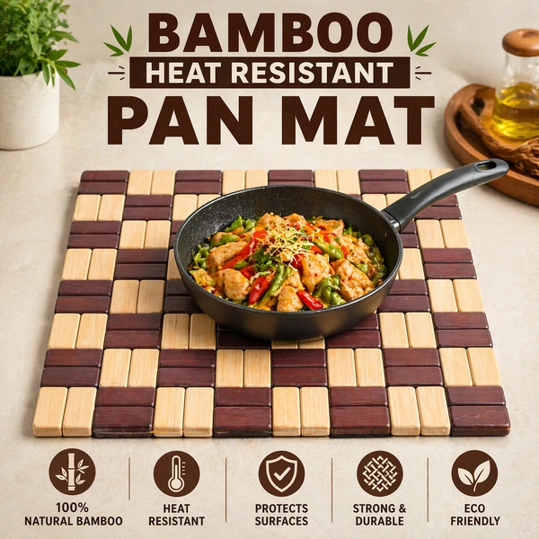 Bamboo Heat Resistant Pan Mat Set of-4 size:-20*20 cm| Wooden Trivet for Hot Pots & Pans | Non-Slip Kitchen Table Protector | Stylish Square Heat Pad for Dining & Cooking Use