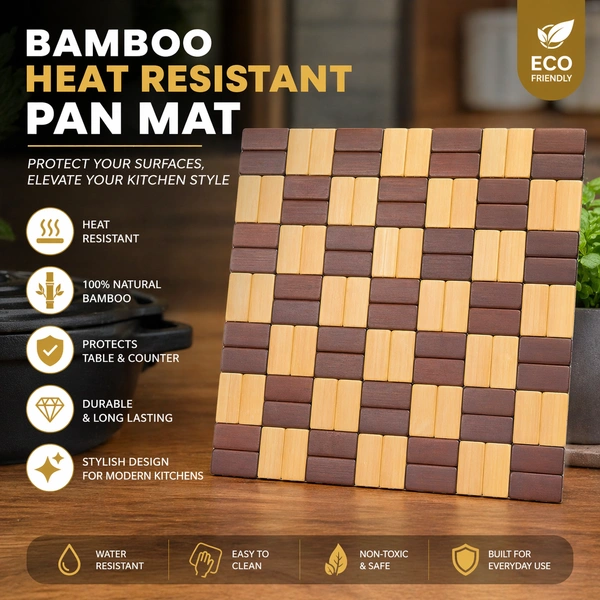 Bamboo Heat Resistant Pan Mat Set of-4 size:-20*20 cm| Wooden Trivet for Hot Pots & Pans | Non-Slip Kitchen Table Protector | Stylish Square Heat Pad for Dining & Cooking Use
