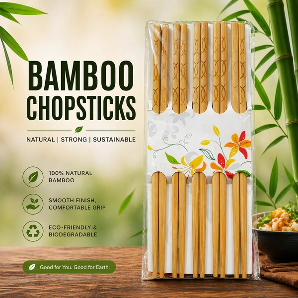 Designer Natural Round Bamboo Reusable Chopsticks - Set Of 10 Pairs