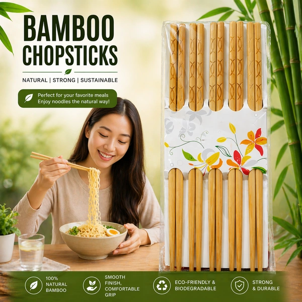Designer Natural Round Bamboo Reusable Chopsticks - Set Of 10 Pairs