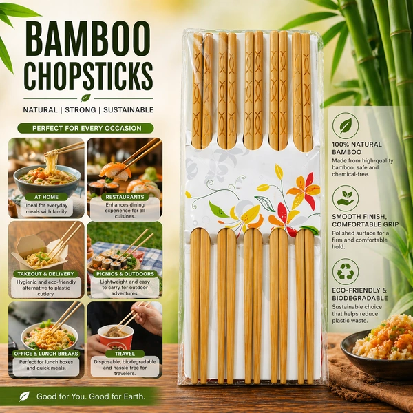 Designer Natural Round Bamboo Reusable Chopsticks - Set Of 10 Pairs