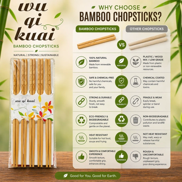 Designer Natural Round Bamboo Reusable Chopsticks - Set Of 10 Pairs