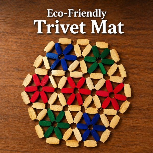 Eco-Friendly Wooden Trivet Round Mat 16*16 CM | Heat Resistant Table Protector | Handmade Floral Design Hot Pot Stand | Durable Kitchen & Dining Table Mat | Multipurpose Coaster & Decor (Multicolor)