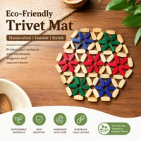 Eco-Friendly Wooden Trivet Round Mat 16*16 CM | Heat Resistant Table Protector | Handmade Floral Design Hot Pot Stand | Durable Kitchen & Dining Table Mat | Multipurpose Coaster & Decor (Multicolor)