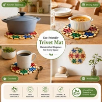 Eco-Friendly Wooden Trivet Round Mat 16*16 CM | Heat Resistant Table Protector | Handmade Floral Design Hot Pot Stand | Durable Kitchen & Dining Table Mat | Multipurpose Coaster & Decor (Multicolor)
