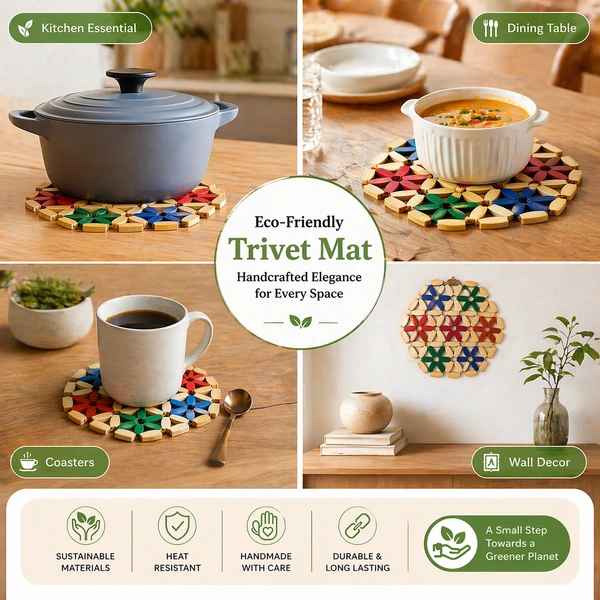 Eco-Friendly Wooden Trivet Round Mat 16*16 CM | Heat Resistant Table Protector | Handmade Floral Design Hot Pot Stand | Durable Kitchen & Dining Table Mat | Multipurpose Coaster & Decor (Multicolor)