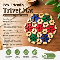 Eco-Friendly Wooden Trivet Round Mat 16*16 CM | Heat Resistant Table Protector | Handmade Floral Design Hot Pot Stand | Durable Kitchen & Dining Table Mat | Multipurpose Coaster & Decor (Multicolor)