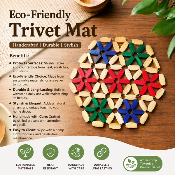 Eco-Friendly Wooden Trivet Round Mat 16*16 CM | Heat Resistant Table Protector | Handmade Floral Design Hot Pot Stand | Durable Kitchen & Dining Table Mat | Multipurpose Coaster & Decor (Multicolor)