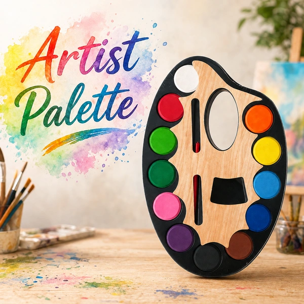 Artist Palette Watercolor Paint Set with Brush – 12 Vibrant Colors (Small) Size | Wooden Palette Design | Kids Painting Kit | Non-Toxic Art Supplies for School & Hobby - 1 Piece