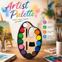 Artist Palette Watercolor Paint Set with Brush – 12 Vibrant Colors (Small) Size | Wooden Palette Design | Kids Painting Kit | Non-Toxic Art Supplies for School & Hobby - 1 Piece