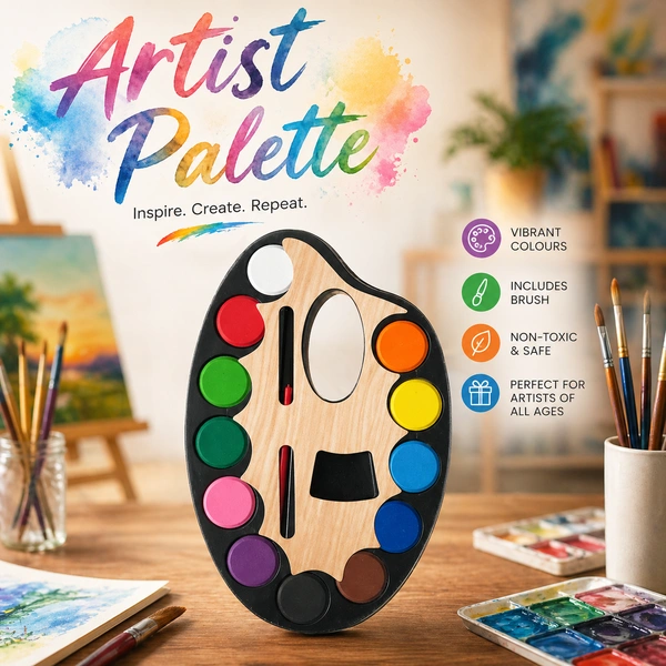 Artist Palette Watercolor Paint Set with Brush – 12 Vibrant Colors (Small) Size | Wooden Palette Design | Kids Painting Kit | Non-Toxic Art Supplies for School & Hobby - 1 Piece
