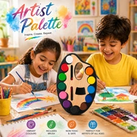 Artist Palette Watercolor Paint Set with Brush – 12 Vibrant Colors (Small) Size | Wooden Palette Design | Kids Painting Kit | Non-Toxic Art Supplies for School & Hobby - 1 Piece