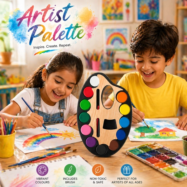 Artist Palette Watercolor Paint Set with Brush – 12 Vibrant Colors (Small) Size | Wooden Palette Design | Kids Painting Kit | Non-Toxic Art Supplies for School & Hobby - 1 Piece