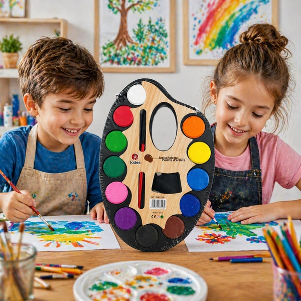 Artist Palette Watercolor Paint Set with Brush – 12 Vibrant Colors (Small) Size | Wooden Palette Design | Kids Painting Kit | Non-Toxic Art Supplies for School & Hobby - 1 Piece