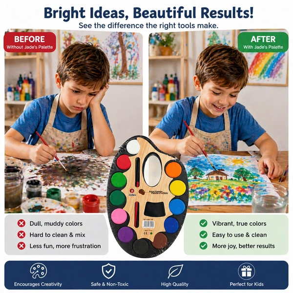 Artist Palette Watercolor Paint Set with Brush – 12 Vibrant Colors (Small) Size | Wooden Palette Design | Kids Painting Kit | Non-Toxic Art Supplies for School & Hobby - 1 Piece