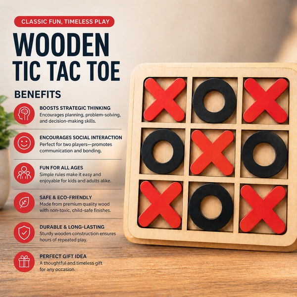 Wooden Tic Tac Toe Game ( RANDOM COLOURS) – Classic XOXO Board Game for Kids & Adults | Portable Travel Puzzle Game | Educational Brain Teaser Toy for Home, Office & Gifting