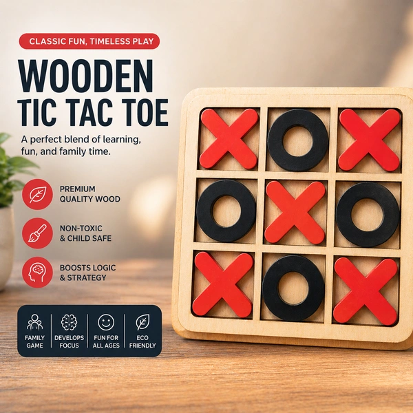 Wooden Tic Tac Toe Game ( RANDOM COLOURS) – Classic XOXO Board Game for Kids & Adults | Portable Travel Puzzle Game | Educational Brain Teaser Toy for Home, Office & Gifting