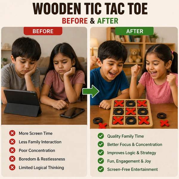 Wooden Tic Tac Toe Game ( RANDOM COLOURS) – Classic XOXO Board Game for Kids & Adults | Portable Travel Puzzle Game | Educational Brain Teaser Toy for Home, Office & Gifting