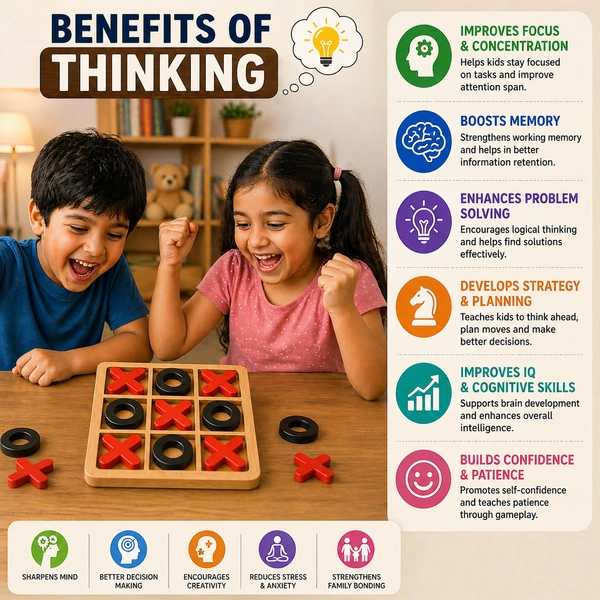 Wooden Tic Tac Toe Game ( RANDOM COLOURS) – Classic XOXO Board Game for Kids & Adults | Portable Travel Puzzle Game | Educational Brain Teaser Toy for Home, Office & Gifting