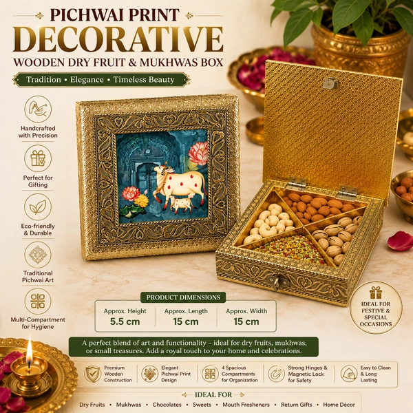 Pichwai Print Decorative Wooden Dry Fruit & Mukhwas Box | 4 Compartment Multipurpose Storage Box | Premium Handcrafted Gift Box for Dry Fruits, Mukhwas, Chocolates & Festive Gifting/63
