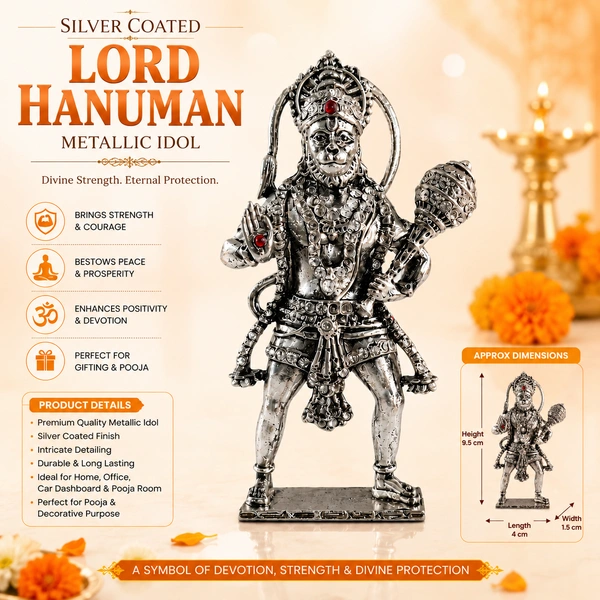 Silver Coated Lord Hanuman Metallic Idol for Home Temple, Office & Car Dashboard | Premium Decorative Hindu God Statue | Pooja Idol | Spiritual Gift |/10