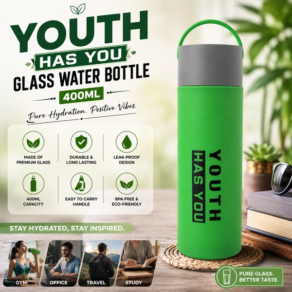 Youth Has You Glass Water Bottle 400ml ( RANDOM COLOURS) Silicone Protective Sleeve | Premium Borosilicate Glass | Leak-Proof Lid | BPA-Free | Reusable Water Bottle for Office, Gym, School & Travel