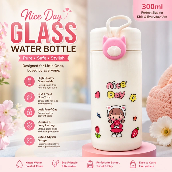 Nice Day Glass Water Bottle 300ml with Cute Cartoon Print (RANDOM COLOURS)| Leakproof Glass Drinking Bottle with Protective Sleeve | Reusable Water Bottle for Kids, Girls, School, Office & Travel | BPA-Free /51