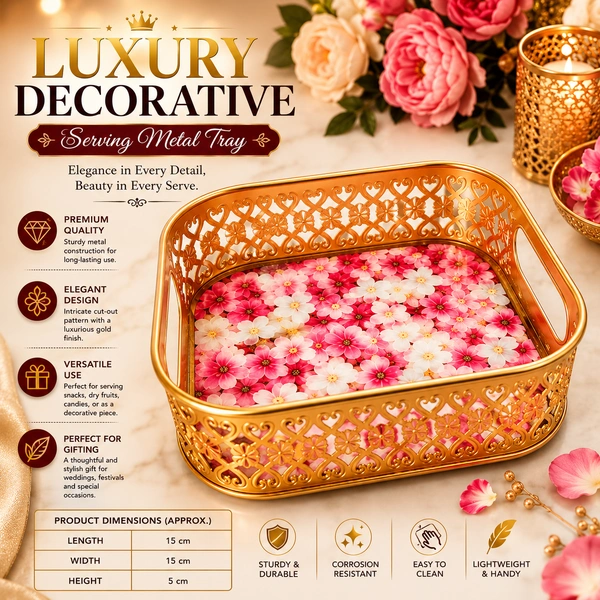 Luxury Decorative Serving Metal Tray with Floral Base | Premium Gold Finish Metal Basket Tray | Decorative Serving Tray for Snacks, Dry Fruits, Chocolates, Fruits & Home Décor | Gift for Wedding, Housewarming & Festivals/59