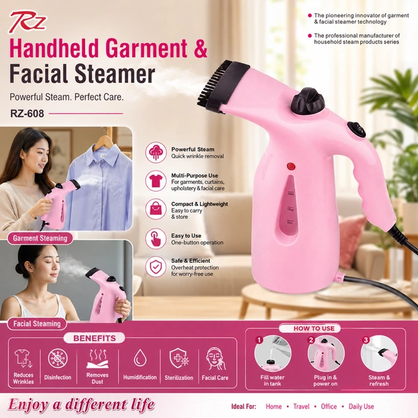 RZ-608 Handheld Garment Steamer & Facial Steamer | Portable Steam Iron for Clothes | Fast Wrinkle Remover | Multi-Purpose Fabric & Face Steamer | Compact Travel Steam Cleaner | 200ml Water Tank