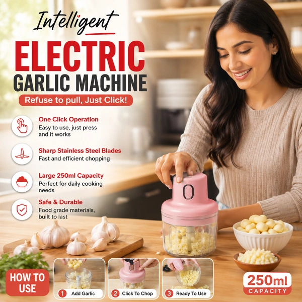 Intelligent Electric Garlic Machine 250ml USB Rechargeable Mini Food Processor | One-Touch Wireless Vegetable & Fruit Chopper | Stainless Steel Blades | Food Grade Bowl | Kitchen Food Mincer for Garlic, Onion, Ginger, Nuts & Herbs