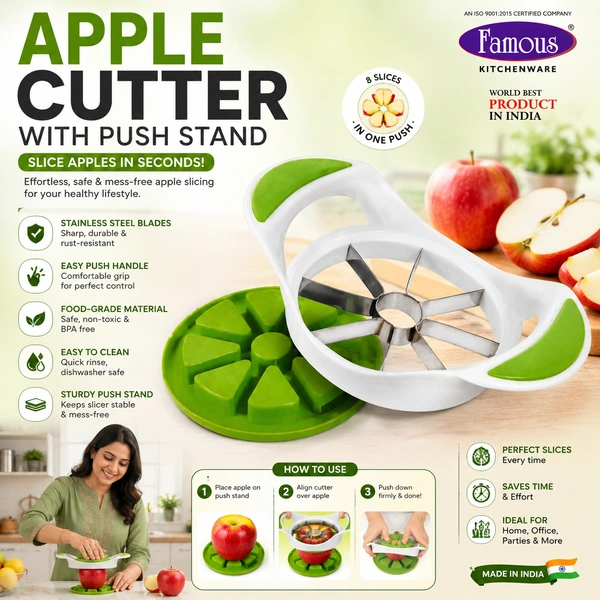 Famous Apple Cutter with Push Stand (RANDOM COLOURS)| 8-Blade Stainless Steel Apple Slicer & Corer | Food-Grade Plastic Fruit Cutter | Quick, Safe & Easy Apple Slicing Tool for Home Kitchen