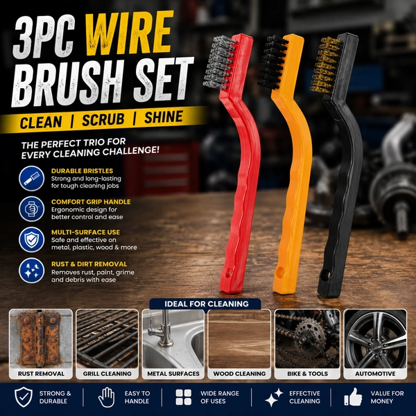 3-Piece Wire Brush Set – Stainless Steel, Brass & Nylon Cleaning Brushes with Ergonomic Grip Handle for Rust Removal, Metal Cleaning, Grill, Bike Chain, Tools, Kitchen & Multi-Purpose Surface Cleaning
