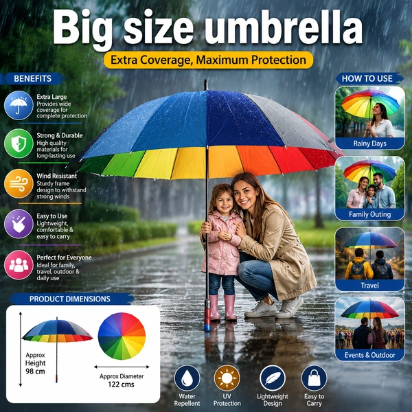 Big Size Umbrella for Men & Women ( RANDOM COLOURS & DESIGNS )| Wind Resistant & Waterproof | Large Coverage Umbrella for Rain & Outdoor Use ./5