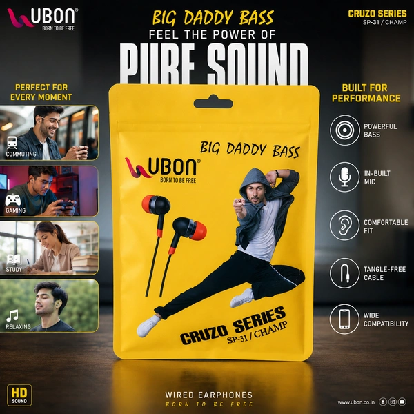 UBON Cruzo Series SP-31 Champ Wired In-Ear Earphones with Big Daddy Bass, 3.5mm Audio Jack, Noise Isolation Earbuds, Comfortable Fit for Music, Calls, Gaming & Online Classes