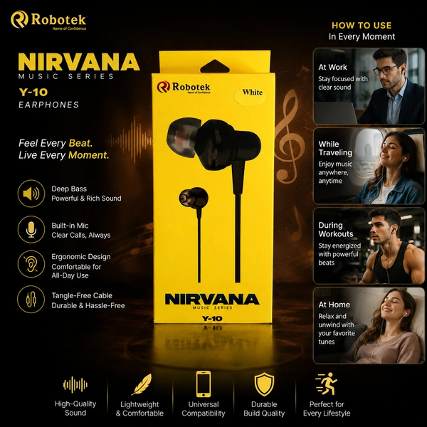 Robotek Nirvana Music Series Y-10 Wired Earphones with Deep Bass, Built-in Microphone, Ergonomic In-Ear Design, Noise Isolating Earphones, Durable Cable for Music, Calls & Daily Use