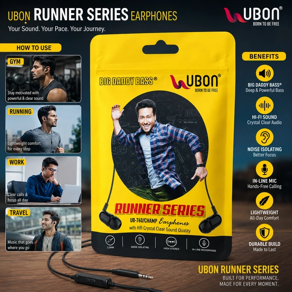 UBON Runner Series UB-760/Champ Wired Earphones with Big Daddy Bass, Hi-Fi Crystal Clear Sound, Noise Isolation, In-Line Microphone & 3.5mm Audio Jack for Smartphones, Tablets, Laptops and Music Players
