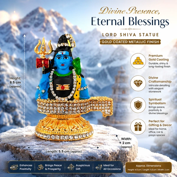 Golden coated Lord Shiva Idol with Trishul & Snake | Decorative Spiritual Showpiece for Home, Office, Car Dashboard & Puja Room | Premium Rhinestone Handcrafted Statue /6