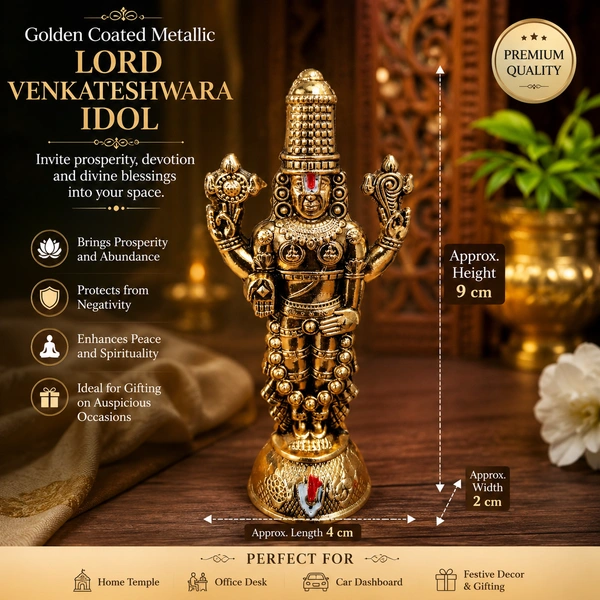 Golden Coated Metallic Lord Venkateshwara Idol for Home Temple, Pooja Room & Office Desk | Decorative Hindu God Statue for Spiritual Décor, Gifting & Car Dashboard