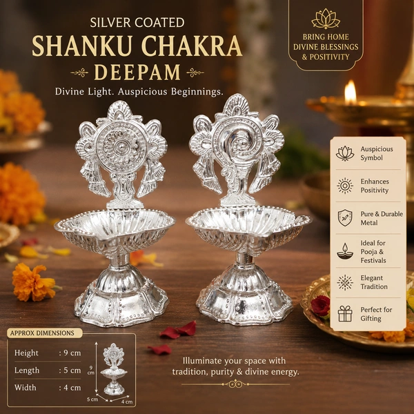 Silver Coated Metallic Shanku Chakra Deepam Pair for Pooja | Decorative Oil Lamp Diya Set | Traditional Hindu Puja Deepak for Home Temple, Mandir, Festivals, Diwali & Gifting/ 17