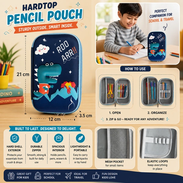Hardtop Dinosaur Pencil Case for Kids | EVA Pencil Box with Zipper | Cute Roar Dinosaur Design | Portable Stationery Organizer for School Boys & Girls