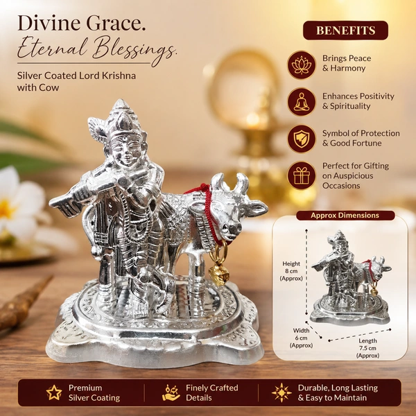Silver Coated Lord Krishna with Cow Idol for Home Decor & Pooja | Krishna Murti on Decorative Base | Spiritual Gift for Housewarming, Temple, Office & Festive Occasions /34