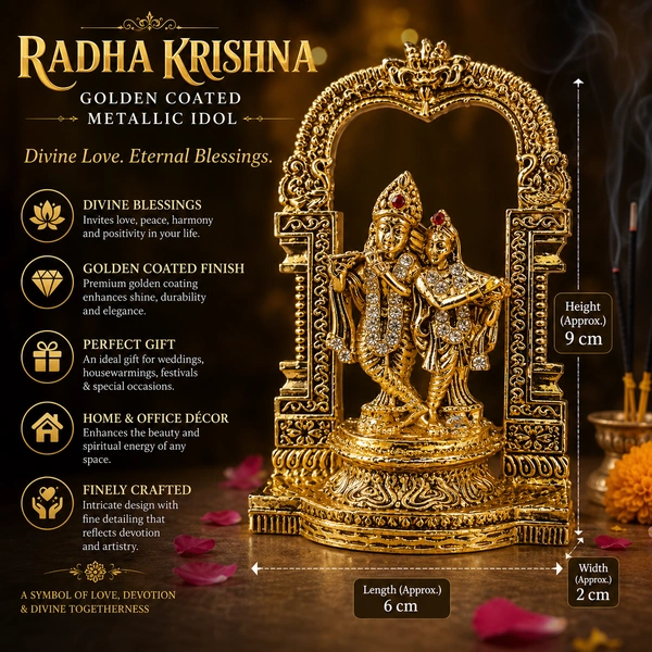 Radha Krishna Golden Coated Metallic Idol for Home Decor & Pooja Room | Decorative Divine Statue with Arch Design | Spiritual Gift for Housewarming, Festivals & Special Occasions